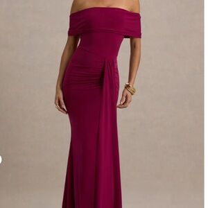 NWT Club L London burgundy bardot Maxi dress with drape detail